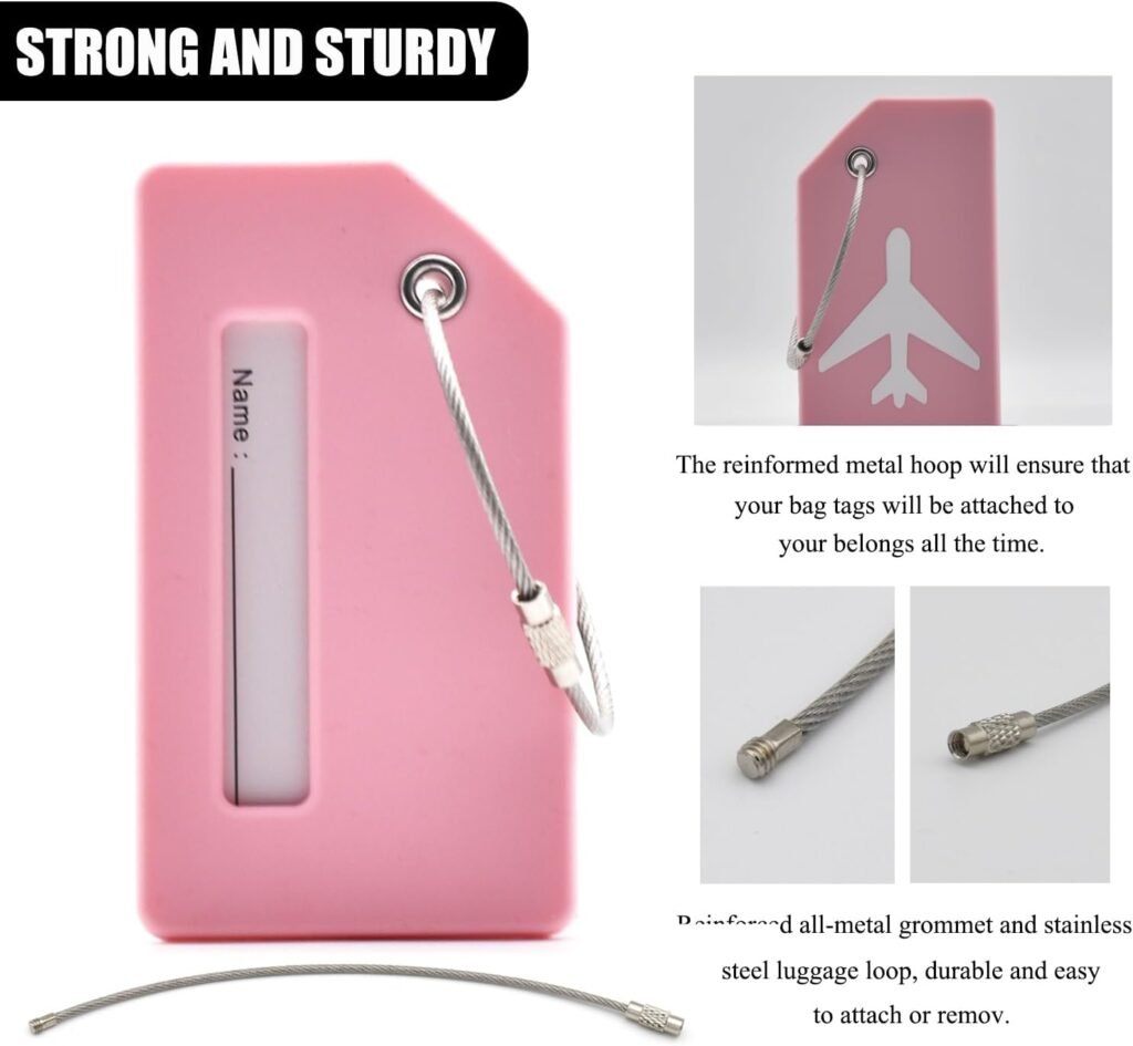 7 Pack Silicone Luggage Tag Baggage Handbag Travel Suitcase Tags with Name ID Card Perfect to Quickly Spot Luggage Suitcase (Pink）