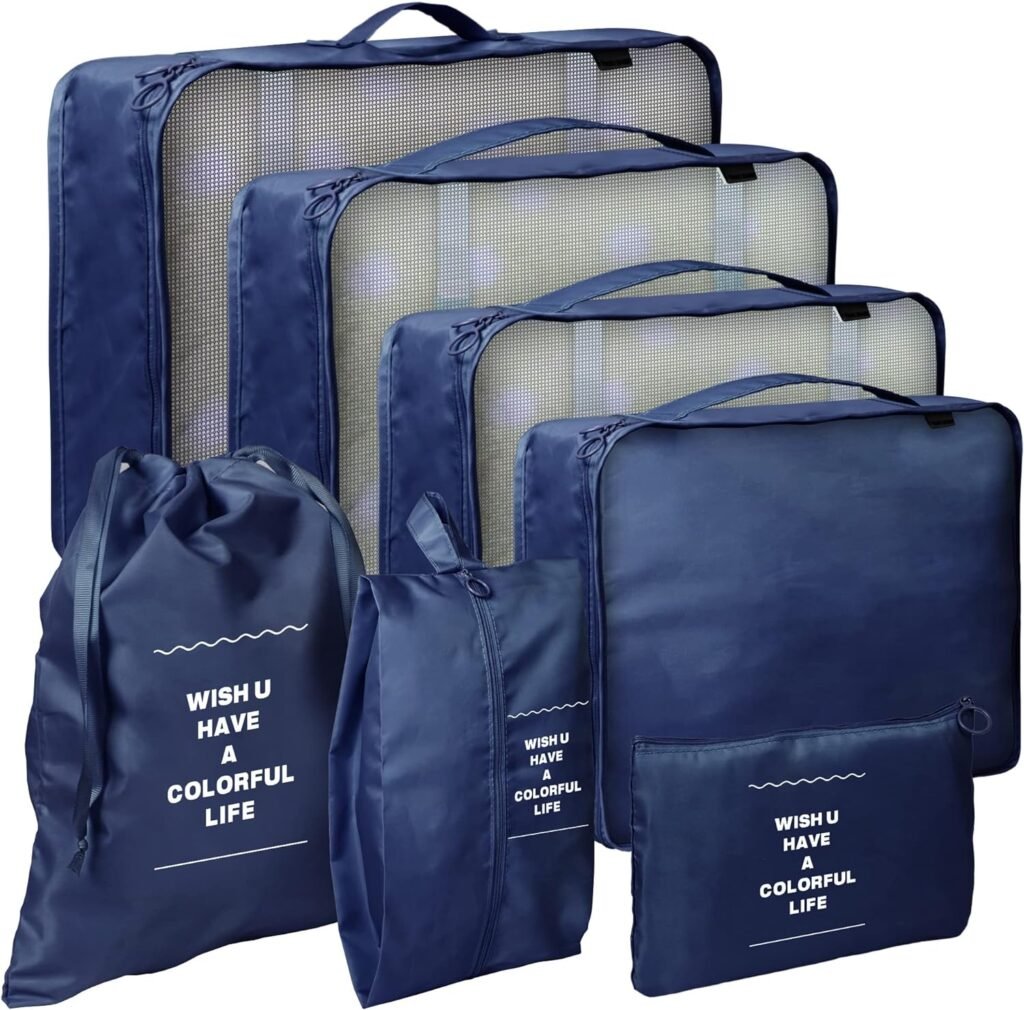 7 Set Packing Cubes for Suitcases,Packing Cubes for Travel Foldable Laundry Bag and Shoe Bag Lightweight Luggage for Women Man (Blue)