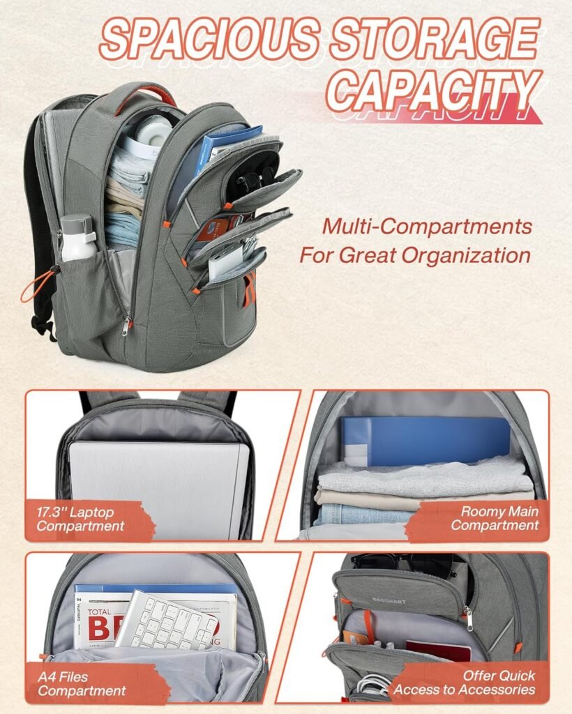 BAGSMART Large Travel Backpack for Women Men,Laptop Backpack Flight Approved Carry On Computer Bag Fits 17 Inch Laptop,Water Resistant Outdoor Backpack for Hiking Business,Grey