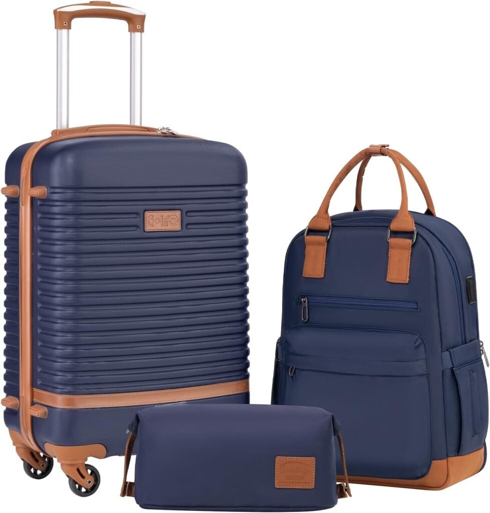 Coolife Suitcase Set 3 Piece Luggage Set Carry On Travel Luggage TSA Lock Spinner Wheels Hardshell Lightweight Luggage Set(Navy, 3 piece set (BP/TB/20))