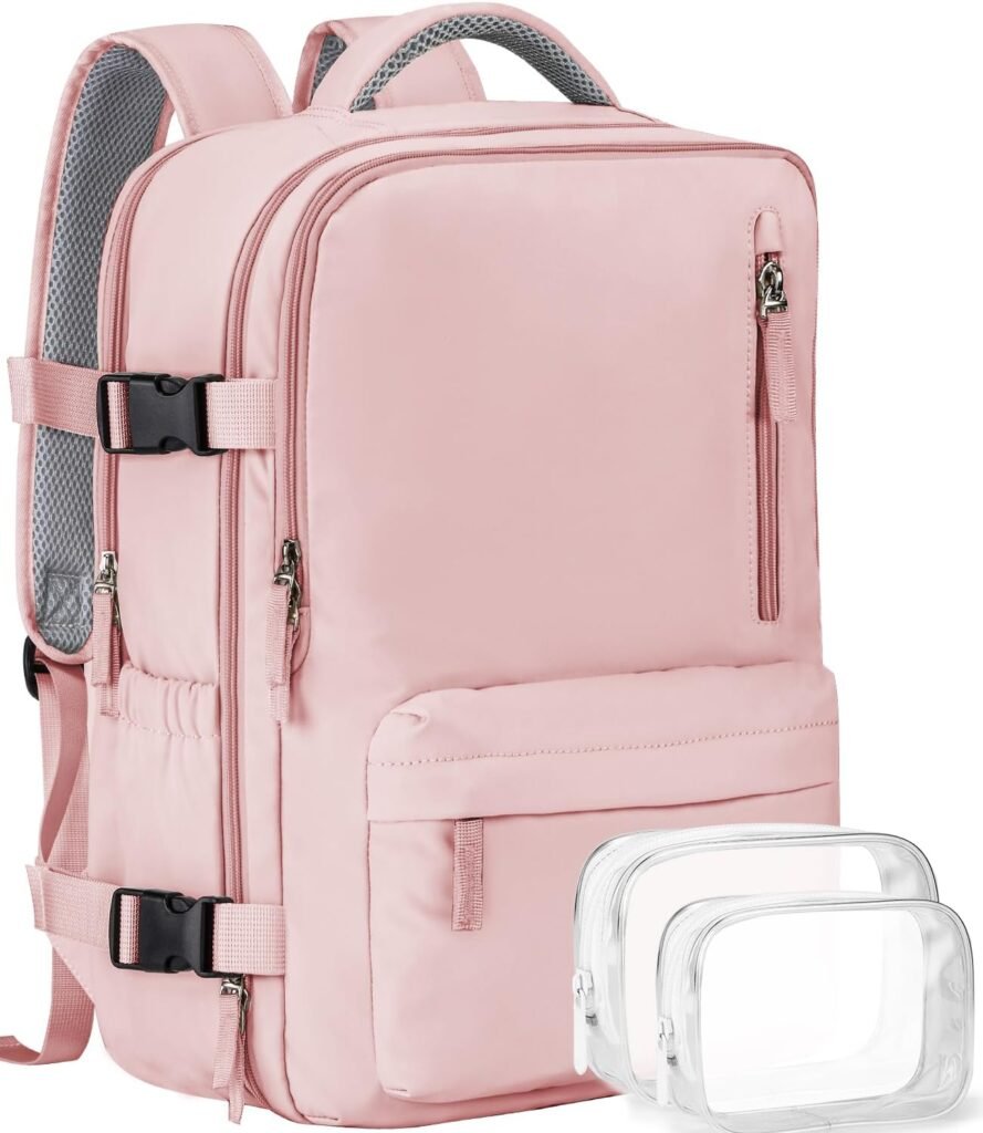 Lekakii Travel Laptop Backpacks for Women Carry On, 40L Nylon Waterproof Backpack for Traveling On Airplane, Gym Backpack Personal Item Essentials, Pink