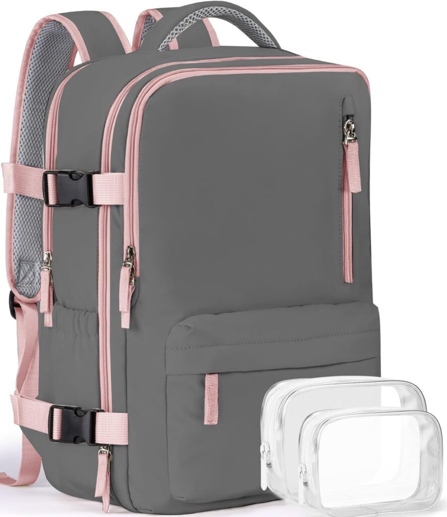 Lekakii Travel Laptop Backpacks for Women Carry On, 40L Nylon Waterproof Backpack for Traveling On Airplane, Gym Backpack Personal Item Essentials, Pink