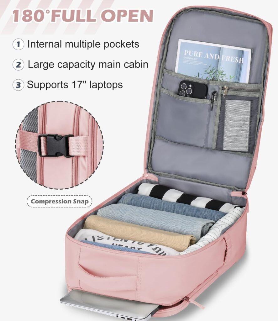 Lekakii Travel Laptop Backpacks for Women Carry On, 40L Nylon Waterproof Backpack for Traveling On Airplane, Gym Backpack Personal Item Essentials, Pink