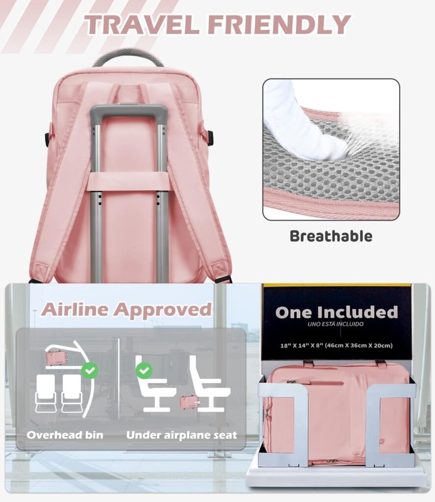 Lekakii Travel Laptop Backpacks for Women Carry On, 40L Nylon Waterproof Backpack for Traveling On Airplane, Gym Backpack Personal Item Essentials, Pink