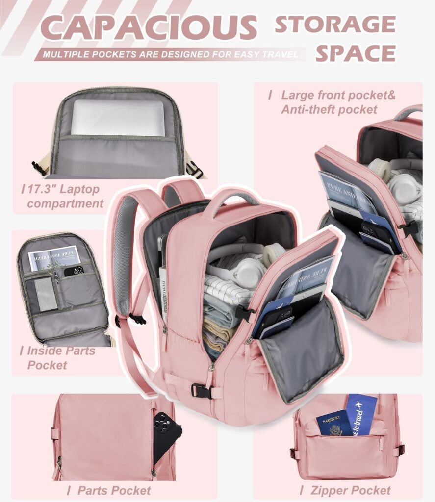 Lekakii Travel Laptop Backpacks for Women Carry On, 40L Nylon Waterproof Backpack for Traveling On Airplane, Gym Backpack Personal Item Essentials, Pink