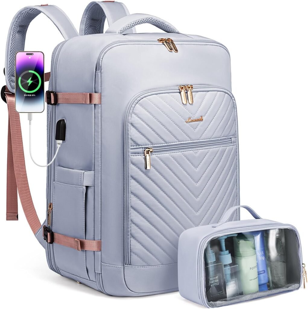 LOVEVOOK Travel Backpack,Quilted Expandable Carry On Backpack Flight Approved with Toiletry Bag,Large Women Waterproof Backpack Fit 17.3 Inch with USB Charging Port Shoes Compartment