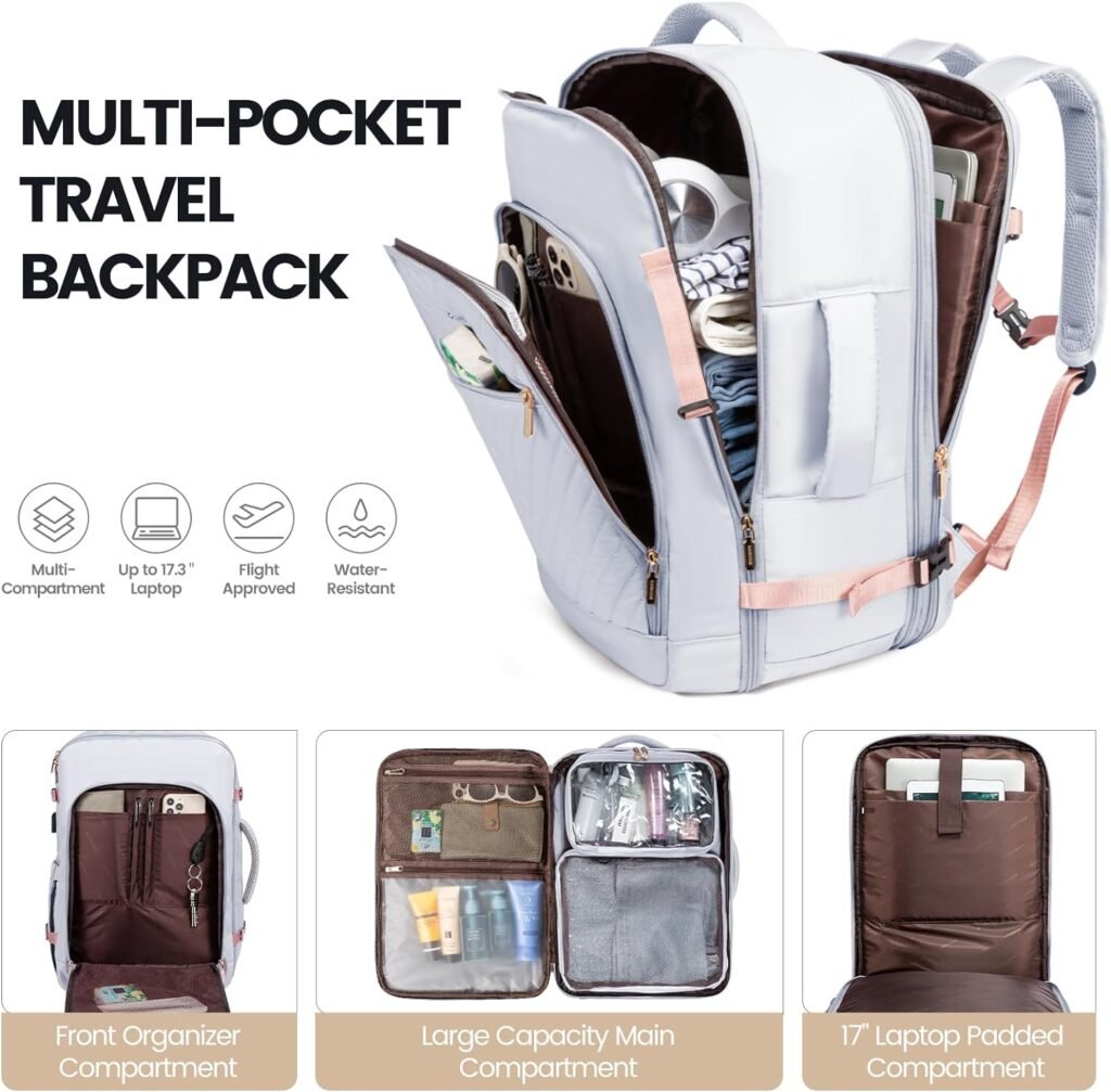LOVEVOOK Travel Backpack,Quilted Expandable Carry On Backpack Flight Approved with Toiletry Bag,Large Women Waterproof Backpack Fit 17.3 Inch with USB Charging Port Shoes Compartment