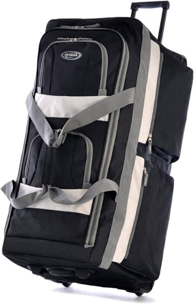 Olympia 33 Inch 8 Pocket U Shaped Rolling Polyester Duffel Luggage Bag Suitcase with Push Button Hide Away Retractable Handle, Black