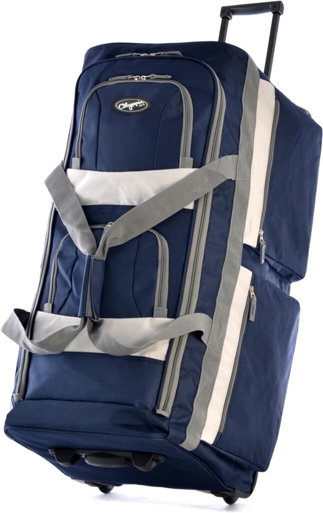 Olympia 33 Inch 8 Pocket U Shaped Rolling Polyester Duffel Luggage Bag Suitcase with Push Button Hide Away Retractable Handle, Black