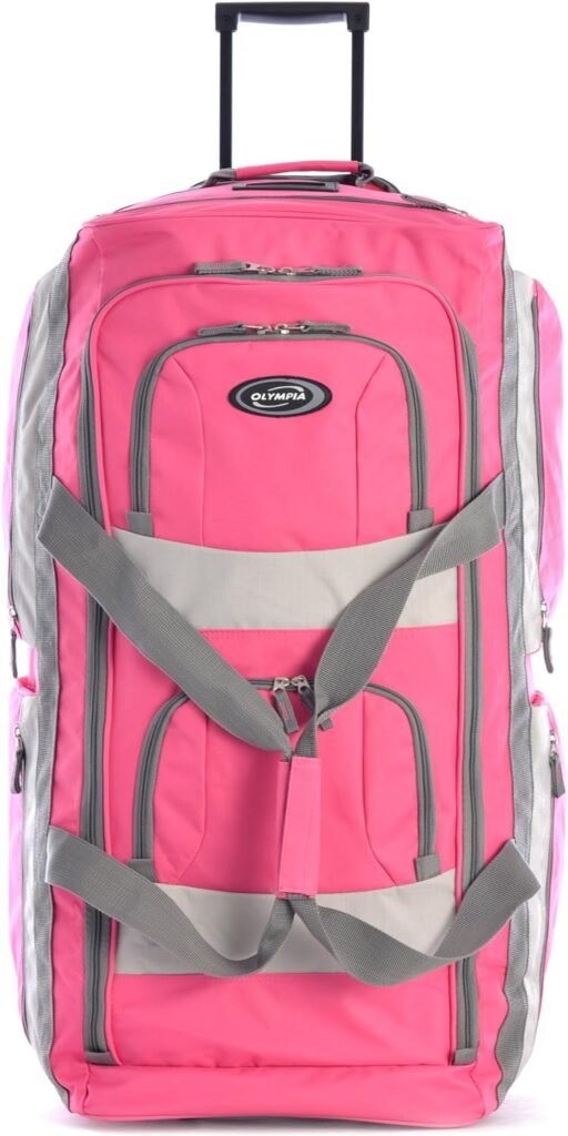 Olympia 33 Inch 8 Pocket U Shaped Rolling Polyester Duffel Luggage Bag Suitcase with Push Button Hide Away Retractable Handle, Black