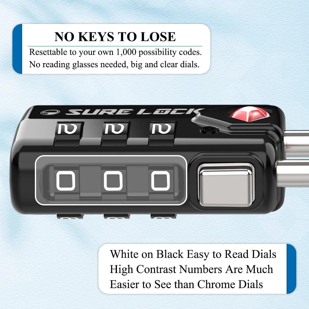 SURE LOCK TSA Compatible Travel Luggage Locks, Inspection Indicator, Easy Read Dials TSA Approved with Zinc Alloy SURE LOCK TSA Compatible Travel Luggage Locks, Inspection Indicator, Easy Read Dials TSA Approved with Zinc Alloy