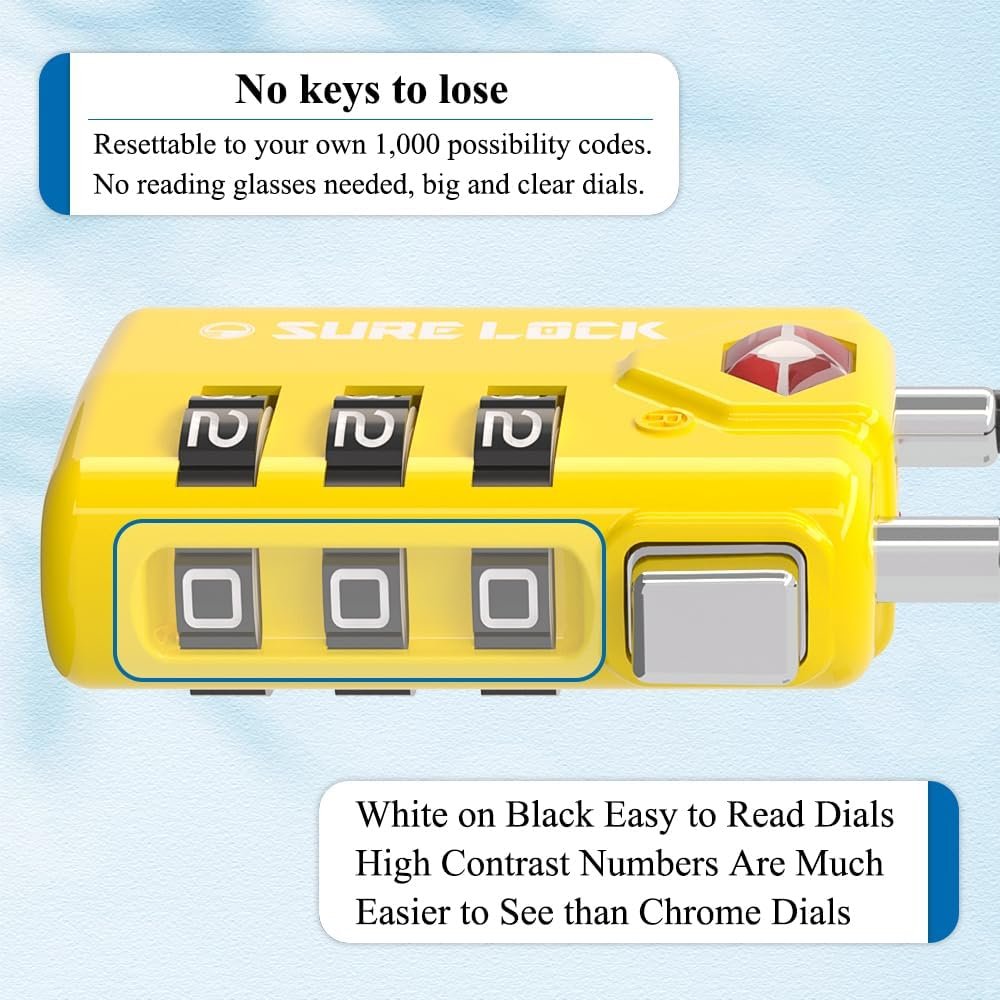 SURE LOCK TSA Compatible Travel Luggage Locks, Inspection Indicator, Easy Read Dials TSA Approved with Zinc Alloy SURE LOCK TSA Compatible Travel Luggage Locks, Inspection Indicator, Easy Read Dials TSA Approved with Zinc Alloy