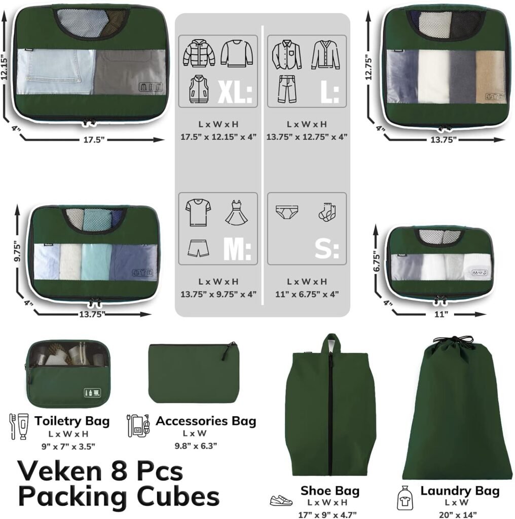 Veken 8 Set Packing Cubes for Suitcases, Travel Bag Organizers for Carry on Luggage, Suitcase Organizer Bags Set for Travel Essentials Travel Accessories in 4 Sizes(Extra Large, Large, Medium, Small)
