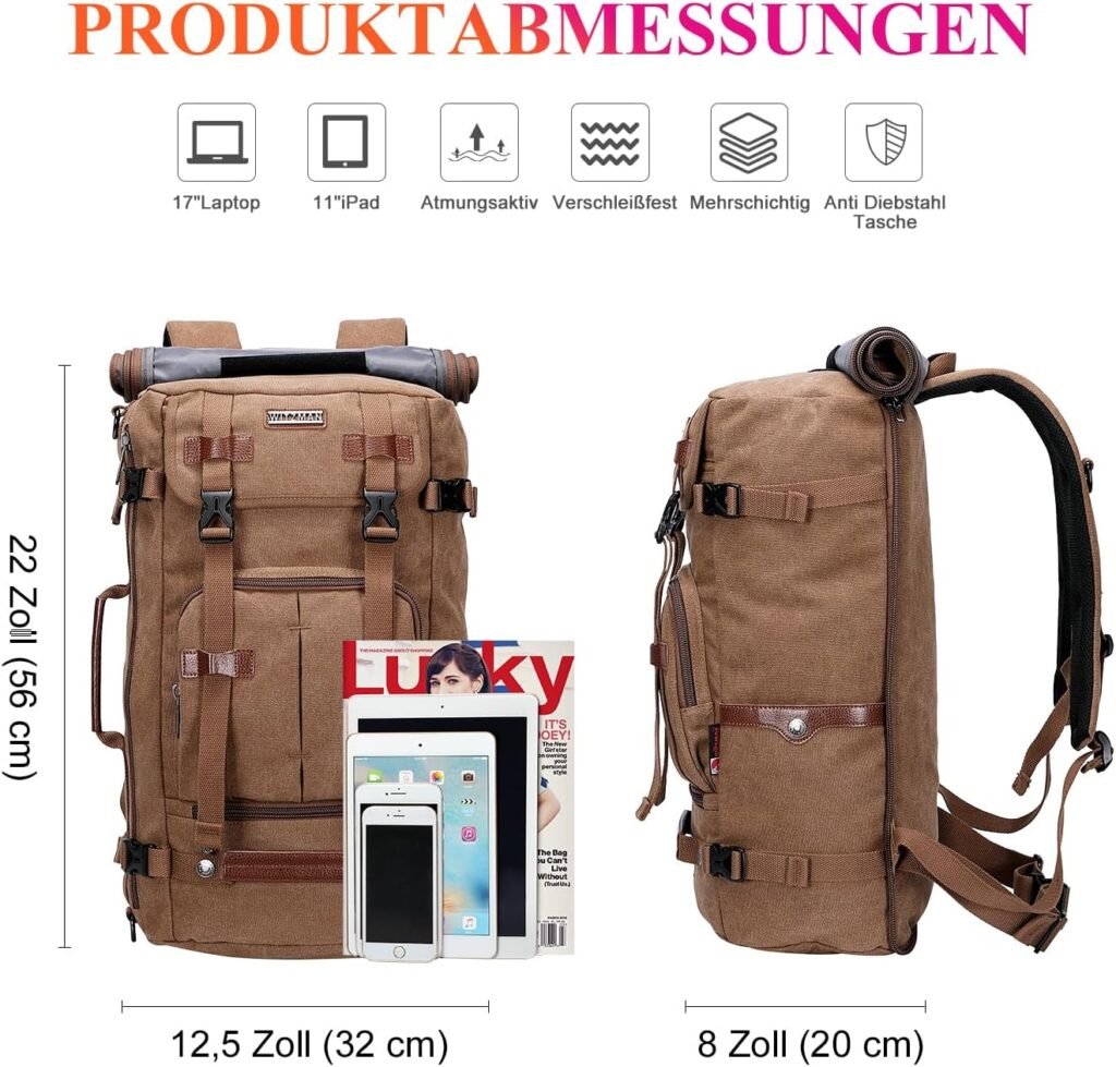 WITZMAN Canvas Backpack Vintage Travel Backpack Large Laptop Bags Convertible Shoulder Rucksack
