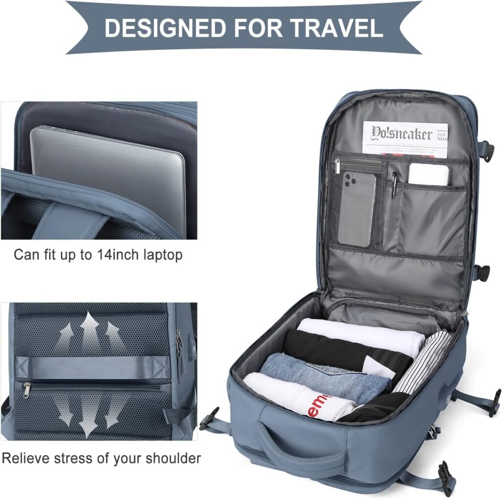 WONHOX Large Travel Backpack Women,Carry On Backpack,Hiking Backpack Waterproof Outdoor Sports Rucksack Casual Daypack Fit 14 Inch Laptop with USB Charging Port Shoes Compartment,Beige