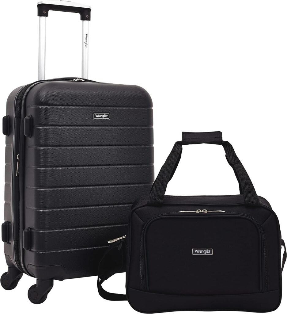 Wrangler Smart Luggage Set with Cup Holder, USB Port and Phone Holder, Black, 2 Piece Set