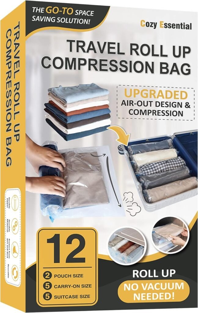 12 Travel Compression Bags Vacuum Packing, Roll Up Space Saver Bags for Luggage, Cruise Ship Essentials (5 Large /5 Medium/2 Small Roll)