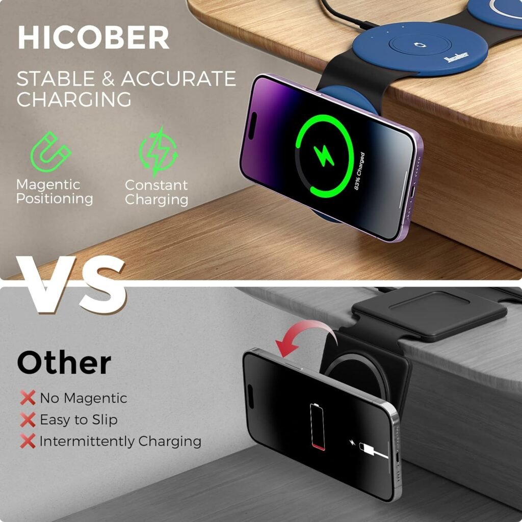3 in 1 Charging Station for Apple Multiple Devices, Hicober Travel Wireless Charger for Magsafe Charger Foldable Stand Compatible for Apple Watch/iWatch/Airpods/for iPhone 14 13 12 Pro Max Black