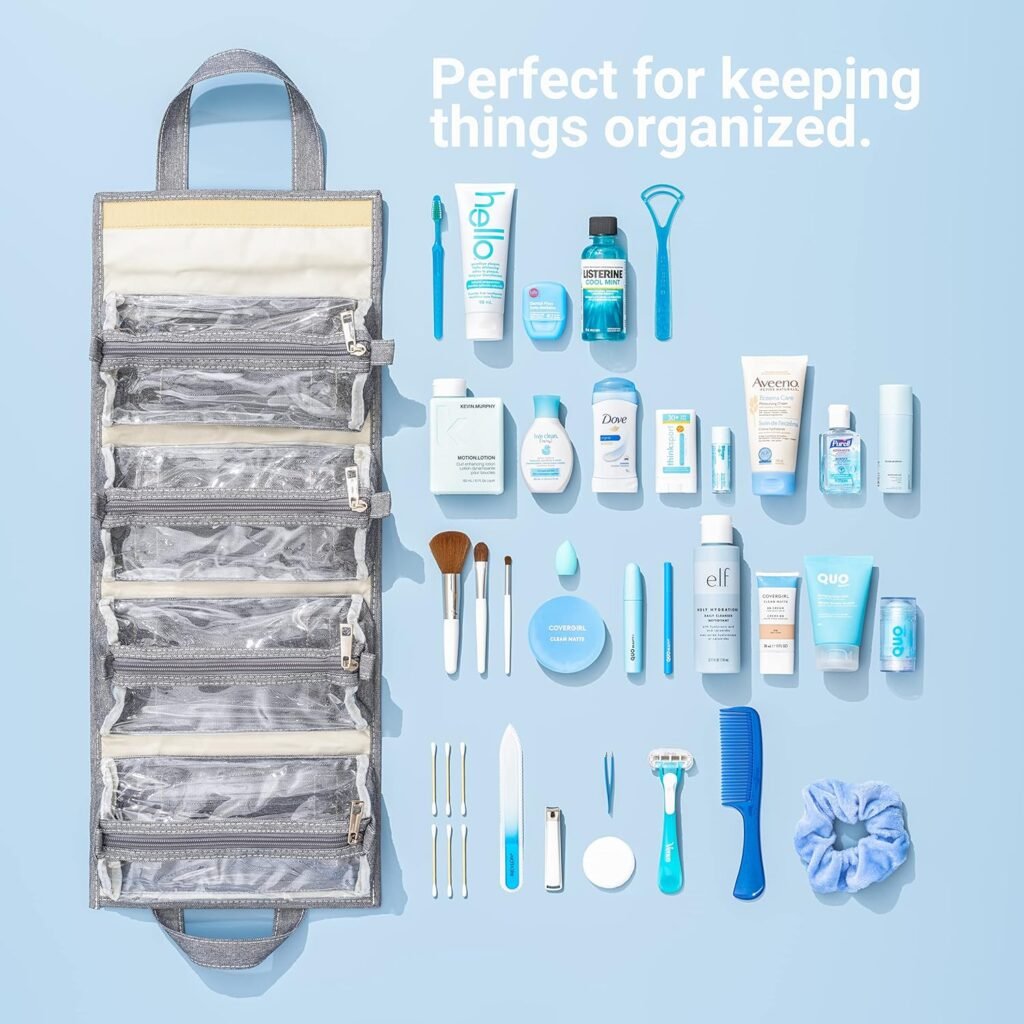 4kits Hanging Roll-Up Makeup Bag/Toiletry Kit/Travel Organizer for Women - 4 Removable Storage Bags - Organize Make Up, Cosmetics, First Aid, Medicine, Personal Care, Bathroom, Palette/Brush Holder