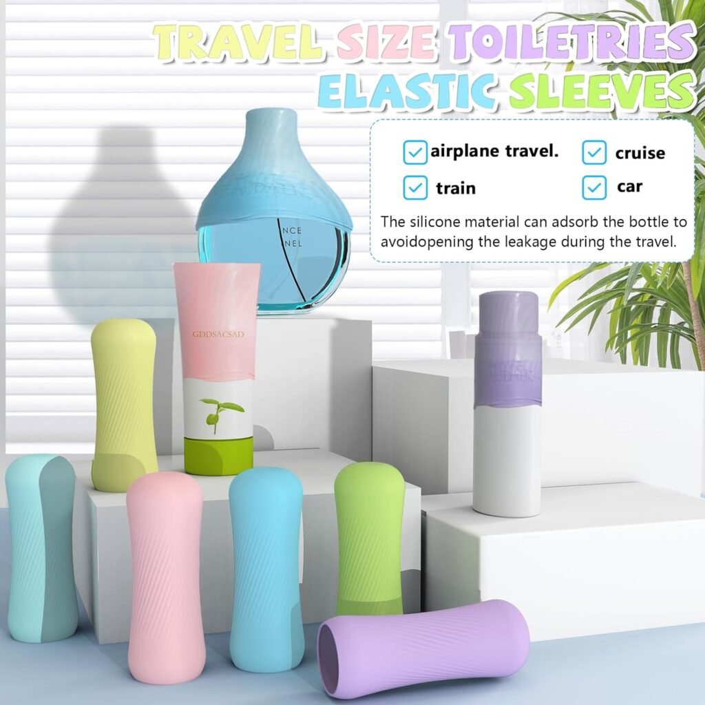 6 Pack Elastic Sleeves for Leak Proofing Travel, Silicone Bottle Covers, Travel Size Toiletries, Silicone Toiletry Sleeves Leak Proof, Travel Must Haves,Travel Essentials for Women Men-(Colorful)