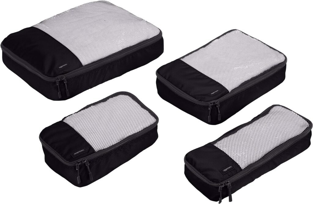 Amazon Basics 4 Piece Packing Travel Organizer Cubes Set, Small, Medium, Large, and Slim, Black