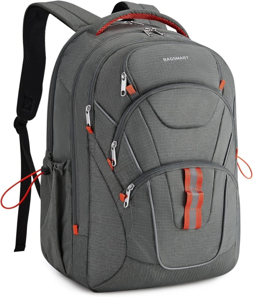 BAGSMART Large Travel Backpack for Women Men,Laptop Backpack Flight Approved Carry On Computer Bag Fits 17 Inch Laptop,Water Resistant Outdoor Backpack for Hiking Business,Grey