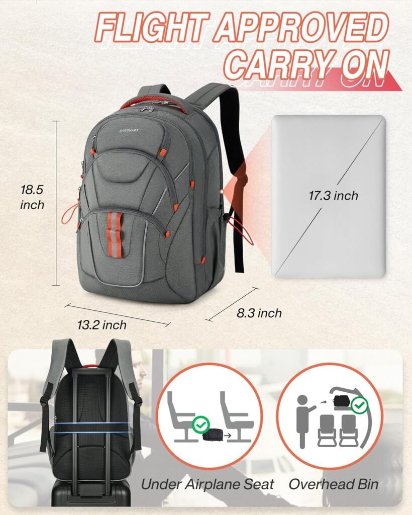 BAGSMART Large Travel Backpack for Women Men,Laptop Backpack Flight Approved Carry On Computer Bag Fits 17 Inch Laptop,Water Resistant Outdoor Backpack for Hiking Business,Grey
