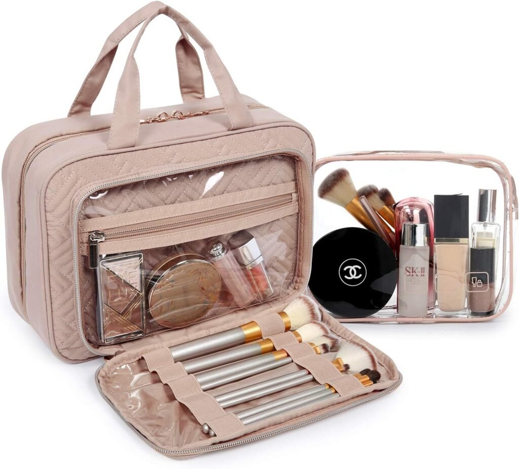 BAGSMART Toiletry Bag Hanging Travel Makeup Organizer with TSA Approved Transparent Cosmetic Bag Makeup Bag for Full Sized Toiletries, Large-Pink