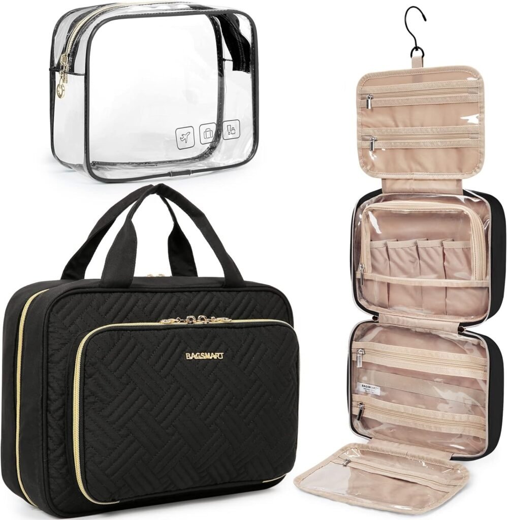 BAGSMART Toiletry Bag Hanging Travel Makeup Organizer with TSA Approved Transparent Cosmetic Bag Makeup Bag for Full Sized Toiletries, Medium-Black