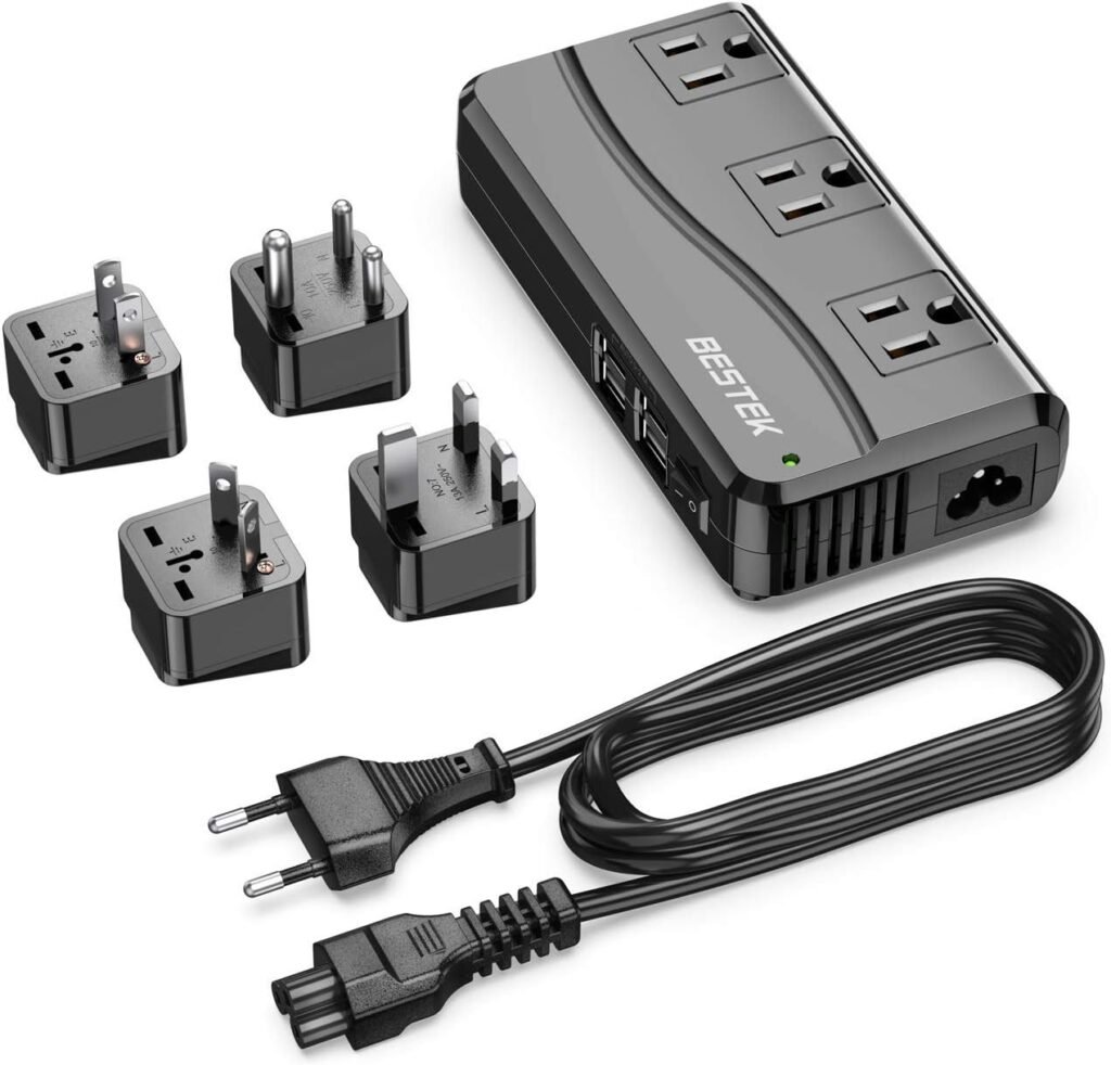 BESTEK Universal Travel Adapter 100-220V to 110V Voltage Converter 250W with 6A 4-Port USB Charging 3 AC Sockets and EU/UK/AU/US/India Worldwide Plug Adapter (Black)