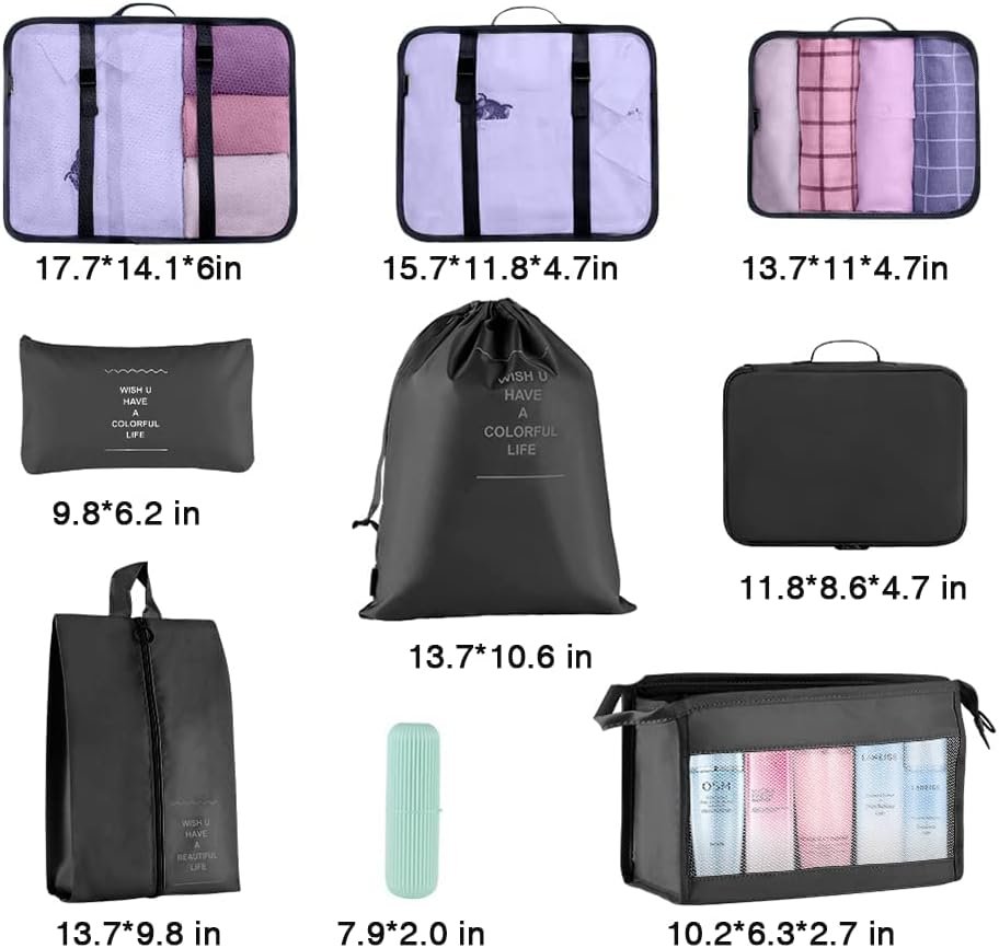 Blibly Packing Cubes for Suitcase, 9 PCS Lightweight Travel Luggage Organizers Set, Waterproof Luggage Packing Cubes for Travel Accessories(Black)