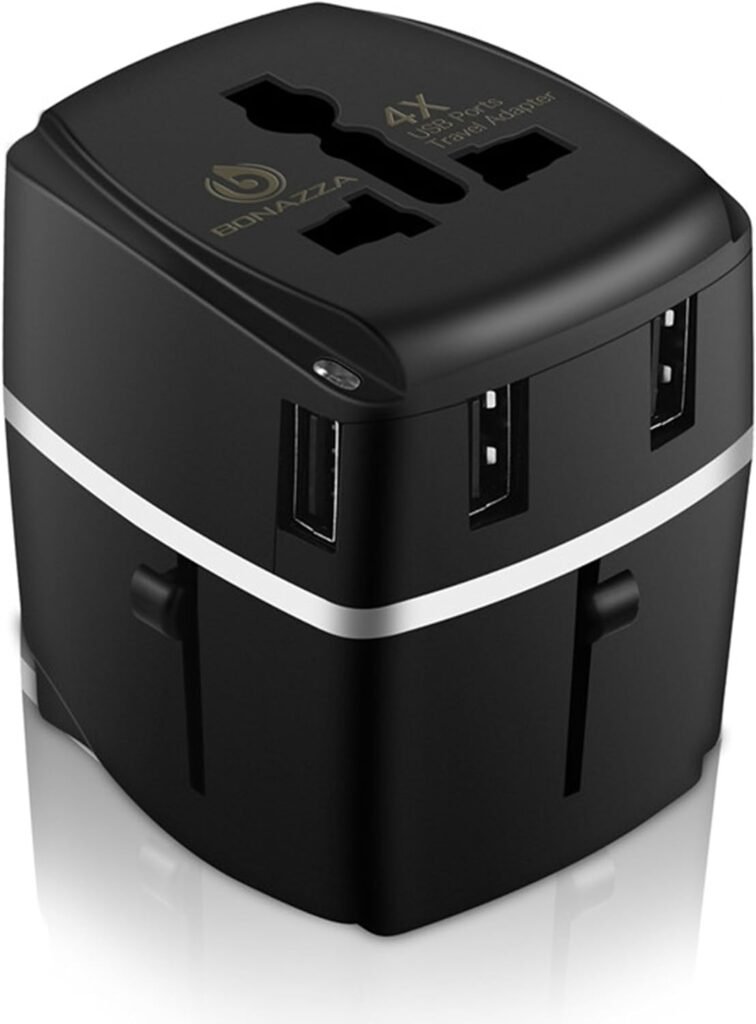 BONAZZA Universal World Travel Adapter Kit with 4 USB Ports - UK, US, AU, Europe All in One Plug Adapter - Over 150 Countries  USB Power Adapter for iPhone, Android, All USB Devices (Black)