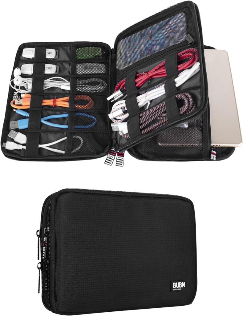 BUBM Double Layer Electronic Accessories Organizer, Travel Gadget Bag for Cables, USB Flash Drive, Plug and More, Perfect Size Fits for iPad Mini (Medium, Black)