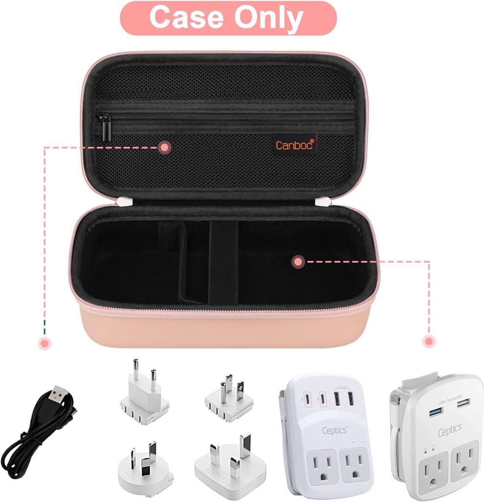 Canboc Travel Carrying Case for Ceptics International Plug Adapter Kit, World Travel Adapter Kit Storage Organizer, Zipper mesh Bag fit USB Cable, Black (Case Only)
