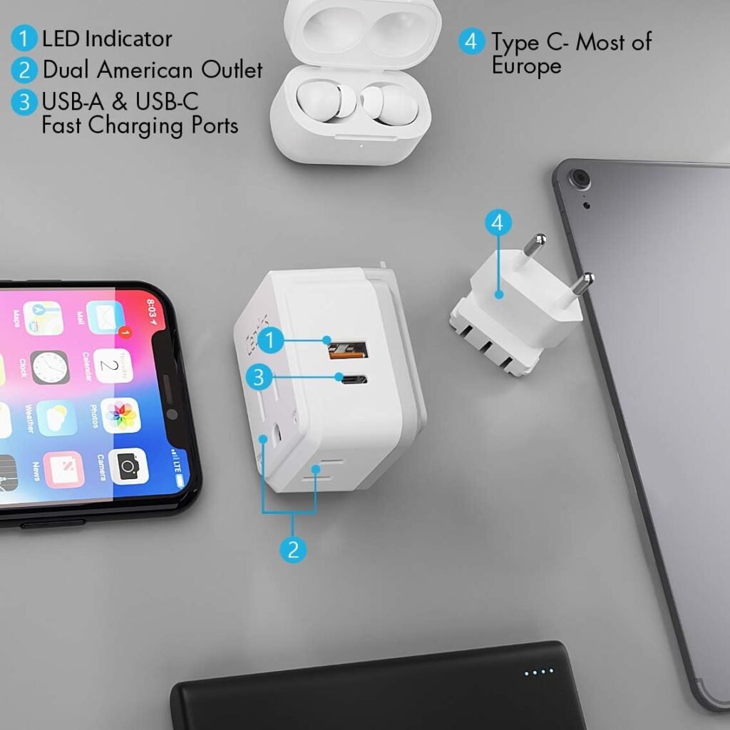 Ceptics South Africa Power Adapter Travel Set - 20W PD  QC, Fast  Safe with Dual USB  USB-C - 2 USA Outlet - Use All Over Africa, Zimbabwe, Morocco - Includes Type E/F, M, G SWadAPt Attachments