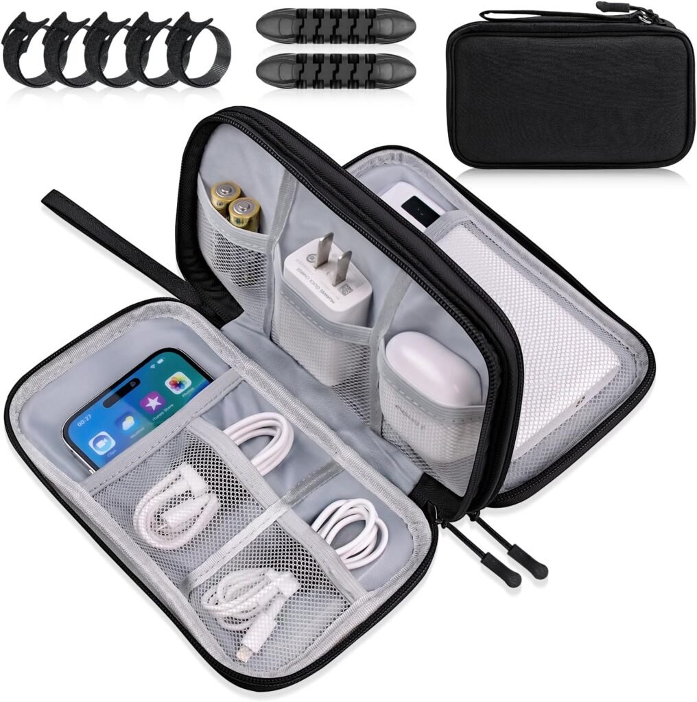 CNPOP Electronics Organizer Travel Case, Cable Tech Organizer Bag,Medium Size Water Resistant Double Layers Pouch Carry Case for Cord,Phone,Charger,Earphone,Travel Accessories Essentials for Men,Black
