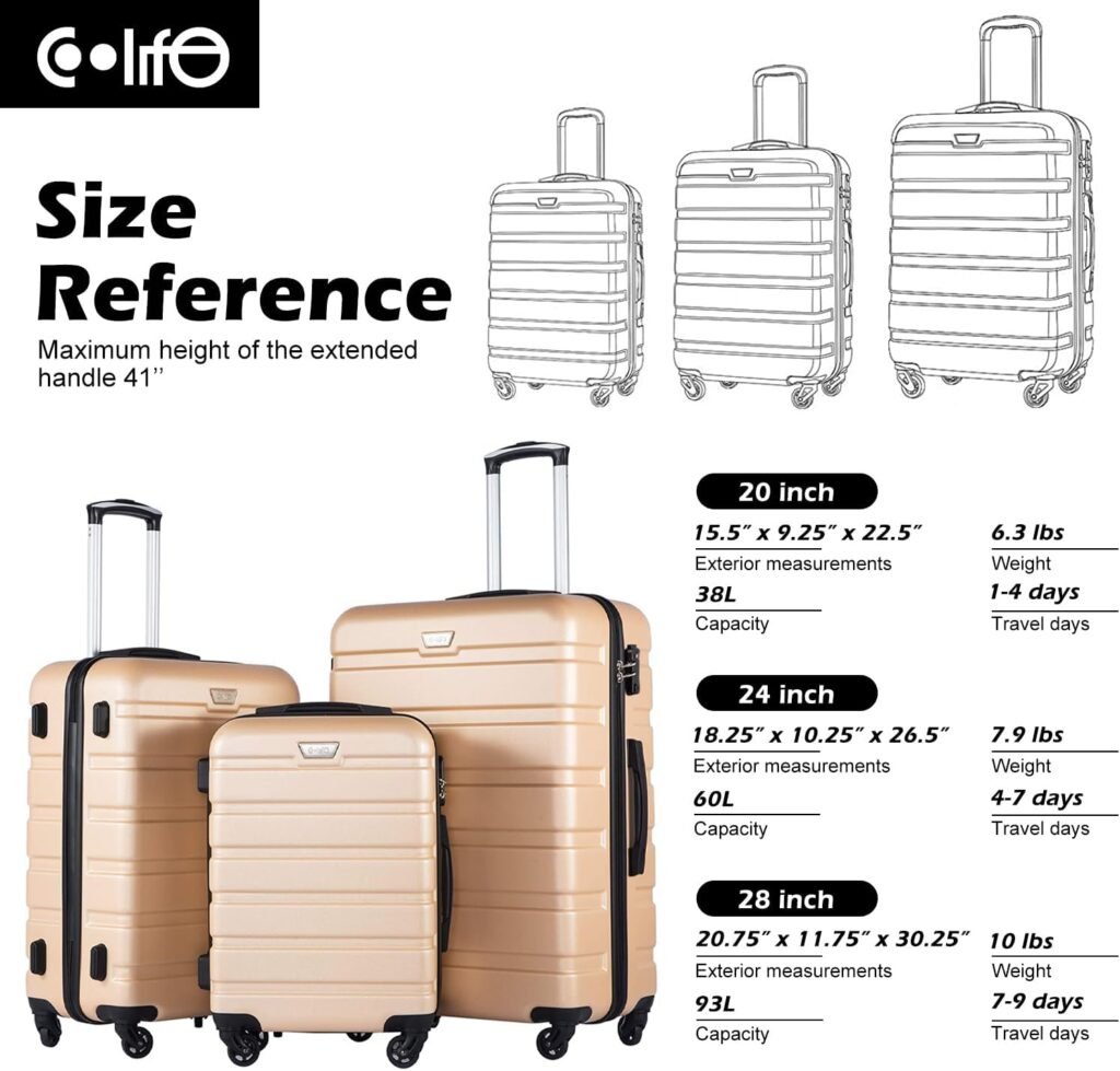 Coolife Luggage 3 Piece Set Suitcase Spinner Hardshell Lightweight TSA Lock (white, 3 piece set(20in24in28in))