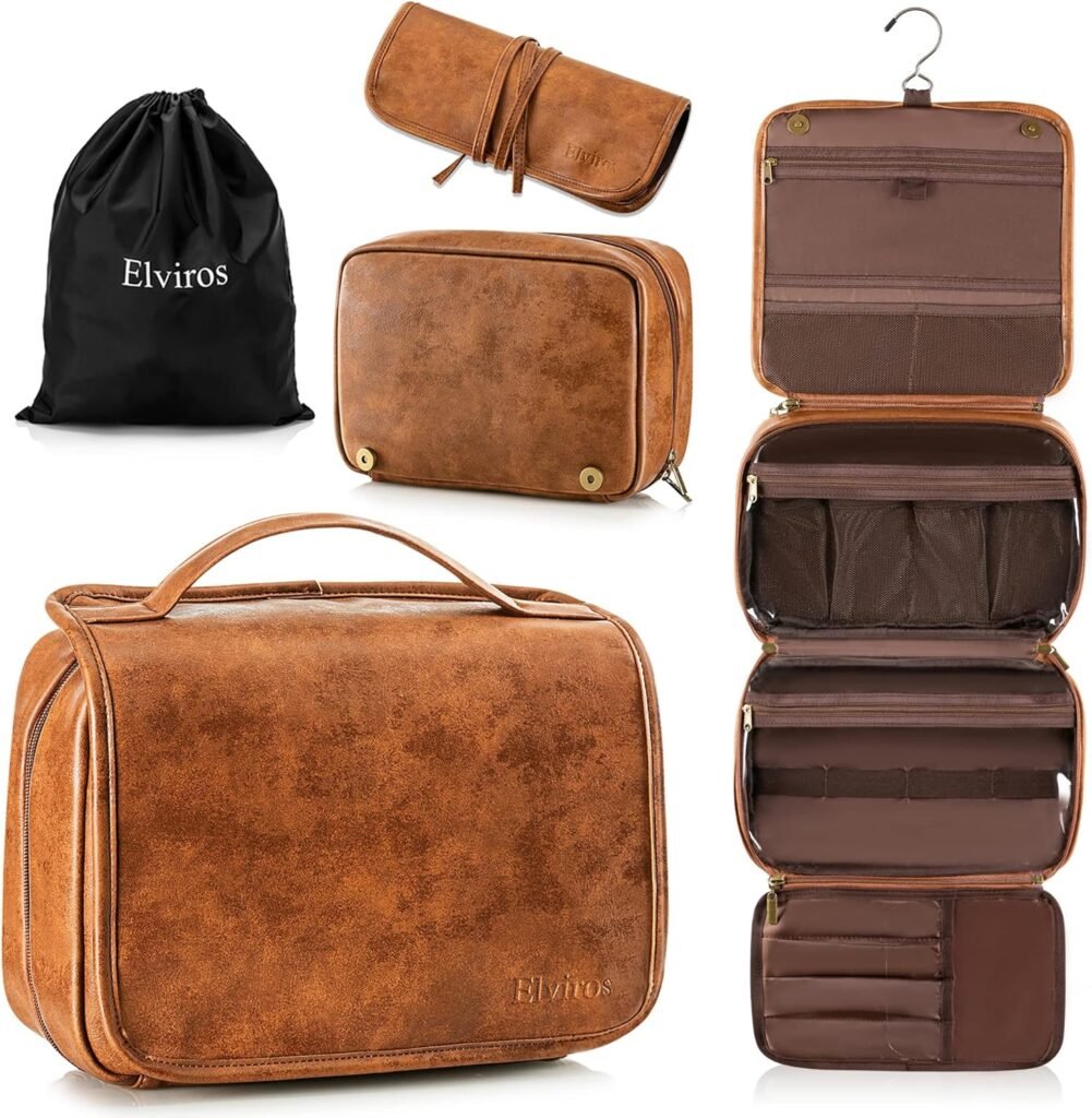 Elviros Toiletry Bag Hanging Travel Organizer for Men and Women, 3 in 1 Multifunctional Large Makeup Cosmetic Case Toiletries Accessories, Water-resistant PU Leather Bathroom Dopp Kit Shaving (Brown)