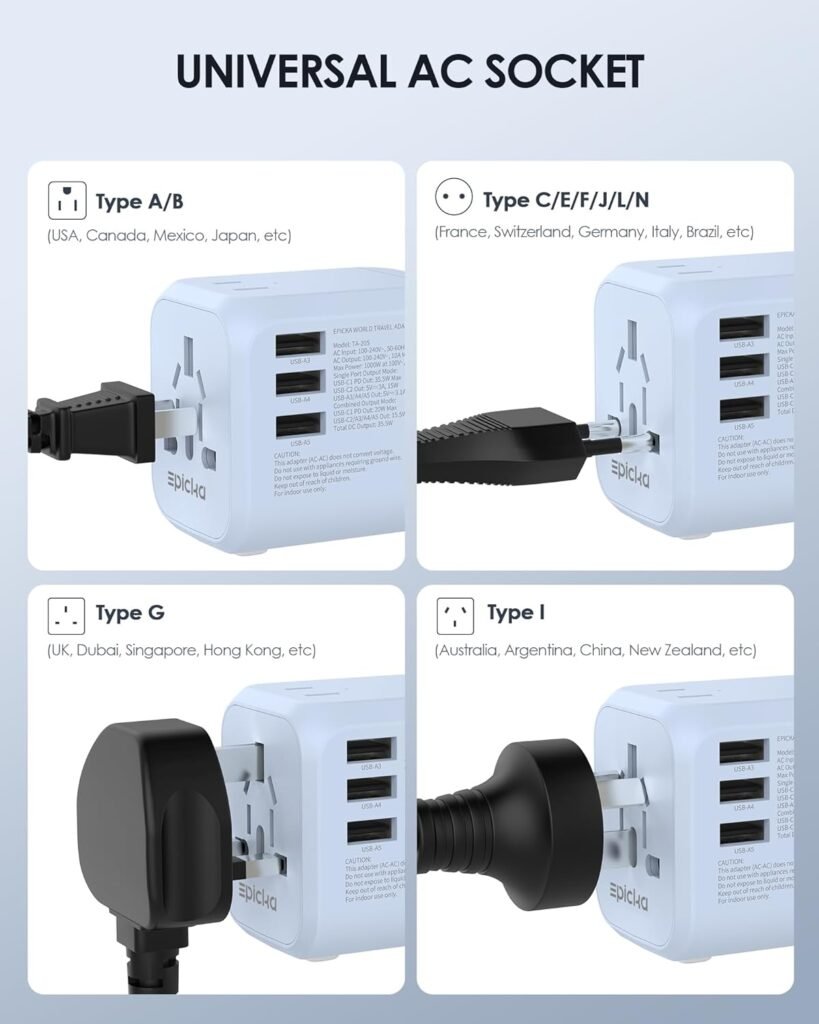 EPICKA Universal Travel Adapter, International Plug Adapter with Dual AC Outlet, 2 USB-C 35W PD Fast Charging  3 USB-A, All in One Worldwide Wall Charger for USA EU UK AUS (TA-205, Black)