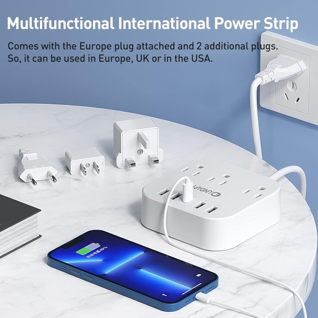 European Plug Adapter, Unidapt US to UK Europe Power Strip for EU with USB C and 4 USB Ports, 3 AC Outlets, Wall Mountable, 5ft Extension Cord, for Travel Cruise Ship Home