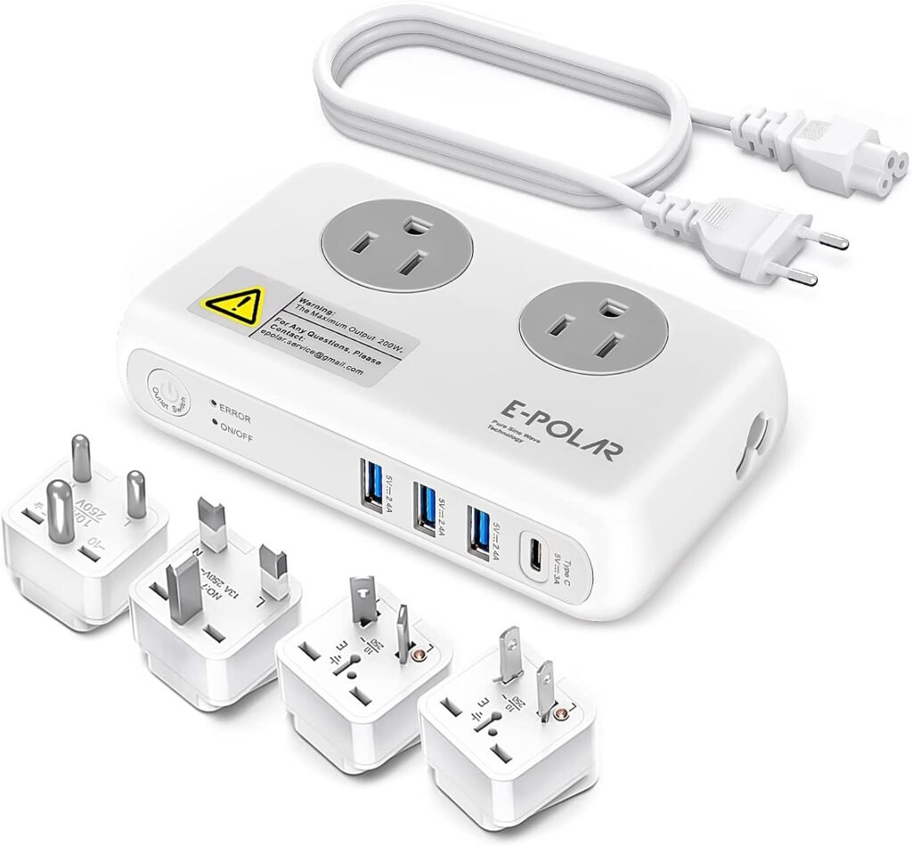 European Travel Plug Adapter Adapter, E-POLAR 220V to 110V Converter 200W, Universal in Worldwide for Curling Iron with 3-Port USB and 1 Type C[Pure Sine Wave]