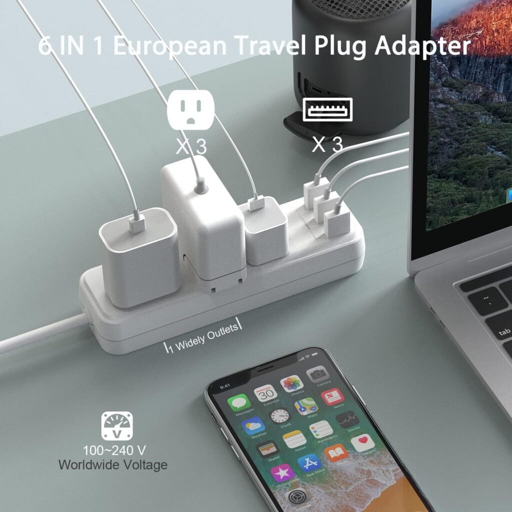 European Travel Plug Adapter, WRXDMC International Travel Plug Adapter, US to UK Europe Plug Adapter, Power Strip for EU/UK/US, 3 USB Ports, 3 AC Outlets, 5ft Cord,Travel necessities in most countries