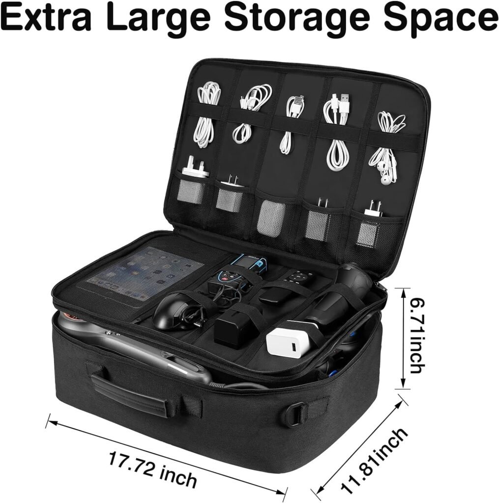 Extra Large Electronics Organizer Travel Case, Double Layer Large Capacity Carrying Case with Shoulder Strap, Travel Gifts for Men, Waterproof Electronic Accessories Storage Bag for Cable, Black