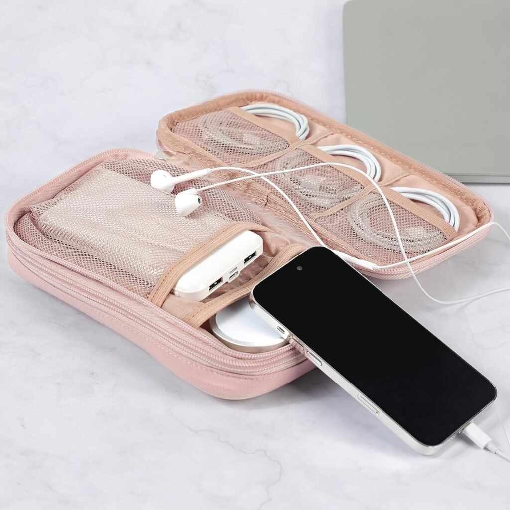 FINDCOZY Travel Cord Electronic Organizer, Electronic Accessories Double Layer Case, Travel Essentials for Cable, Charger, Phone, Hard Drive, USB, SD Card, AirPod, Pink