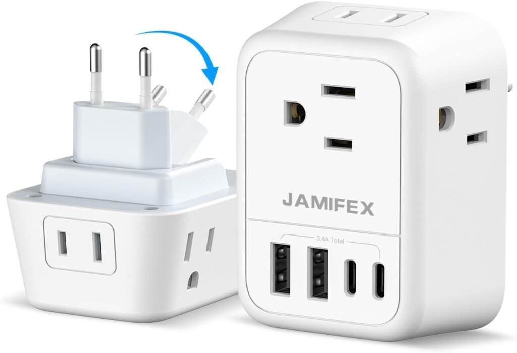 Foldable European Travel Plug Adapter, JAMIFEX International Power Plug Adaptor with 4 Outlets 4 USB(2 USB-C) Ports, Type C EU Adapter Converter US to Most Europe Spain Italy France Germany