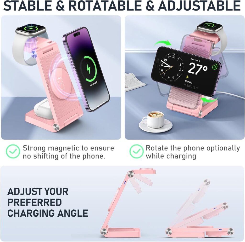 GEJIUCAI Magnetic Wireless Charger Stand, 3 in 1 Foldable Wireless Charging Station, Travel Charger for Multiple Devices for iPhone 15 14 13 12 Series, Apple Watch Ultra/SE/9/8/7/6/5/4/3/2, AirPods