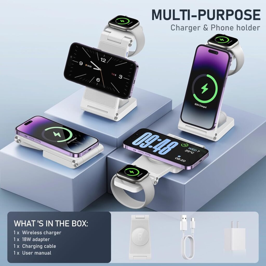 GEJIUCAI Magnetic Wireless Charger Stand, 3 in 1 Foldable Wireless Charging Station, Travel Charger for Multiple Devices for iPhone 15 14 13 12 Series, Apple Watch Ultra/SE/9/8/7/6/5/4/3/2, AirPods