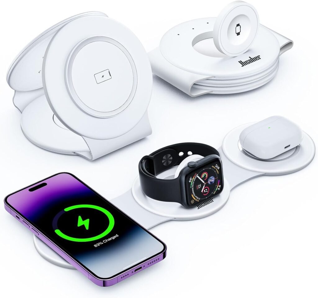 Hicober 3 in 1 Wireless Charging Station for iPhone 15, Magnetic Foldable Travel Charger Station Stand 18W for iPhone 15 14 13 12 Pro/Max/Plus/Apple Watch All Series  Airpods