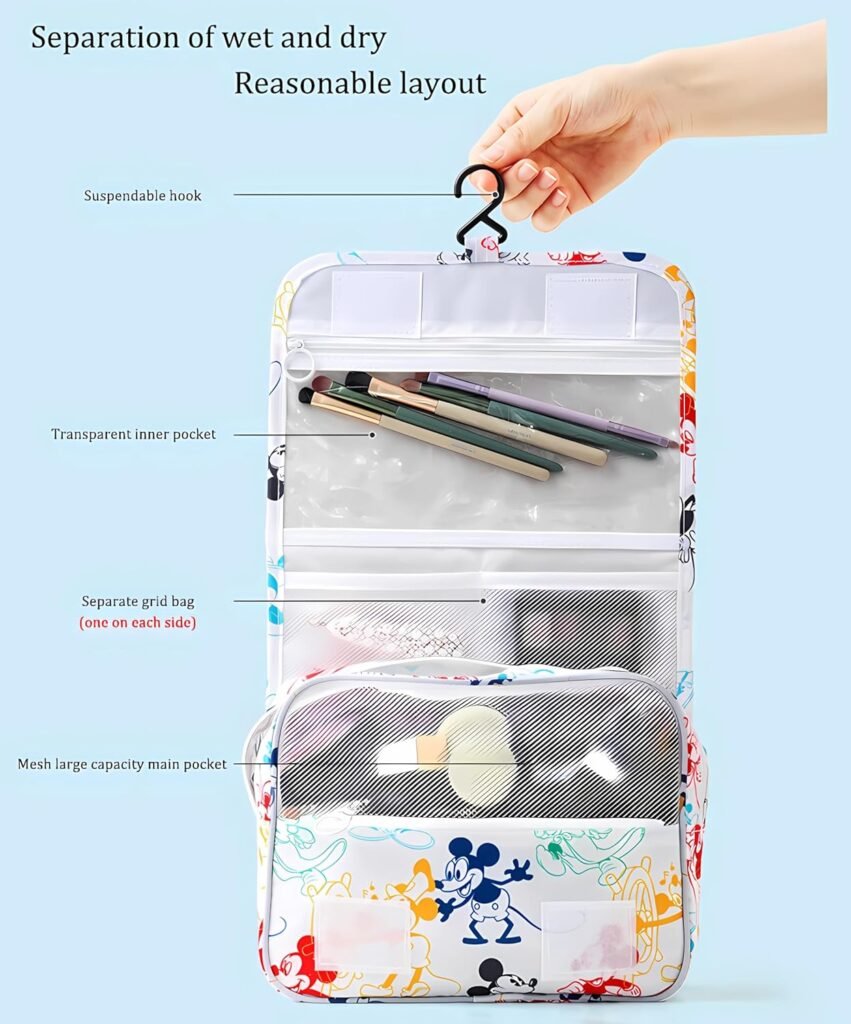 JAMNSY Cute Travel Toiletry Bag for Women  Girls, Cartoon Hanging Makeup Bag Organizer, Multifunctional Storage Waterproof Bathroom Accessories