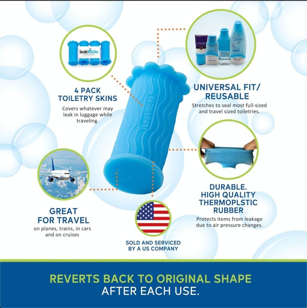 LeakLocks® Toiletry Skins™ Elastic Sleeve for Leak Proofing Travel Container in Luggage. For Standard and Travel Sized Toiletries. Reusable Accessory for Travel Bag Suitcase and Carry-on Luggage
